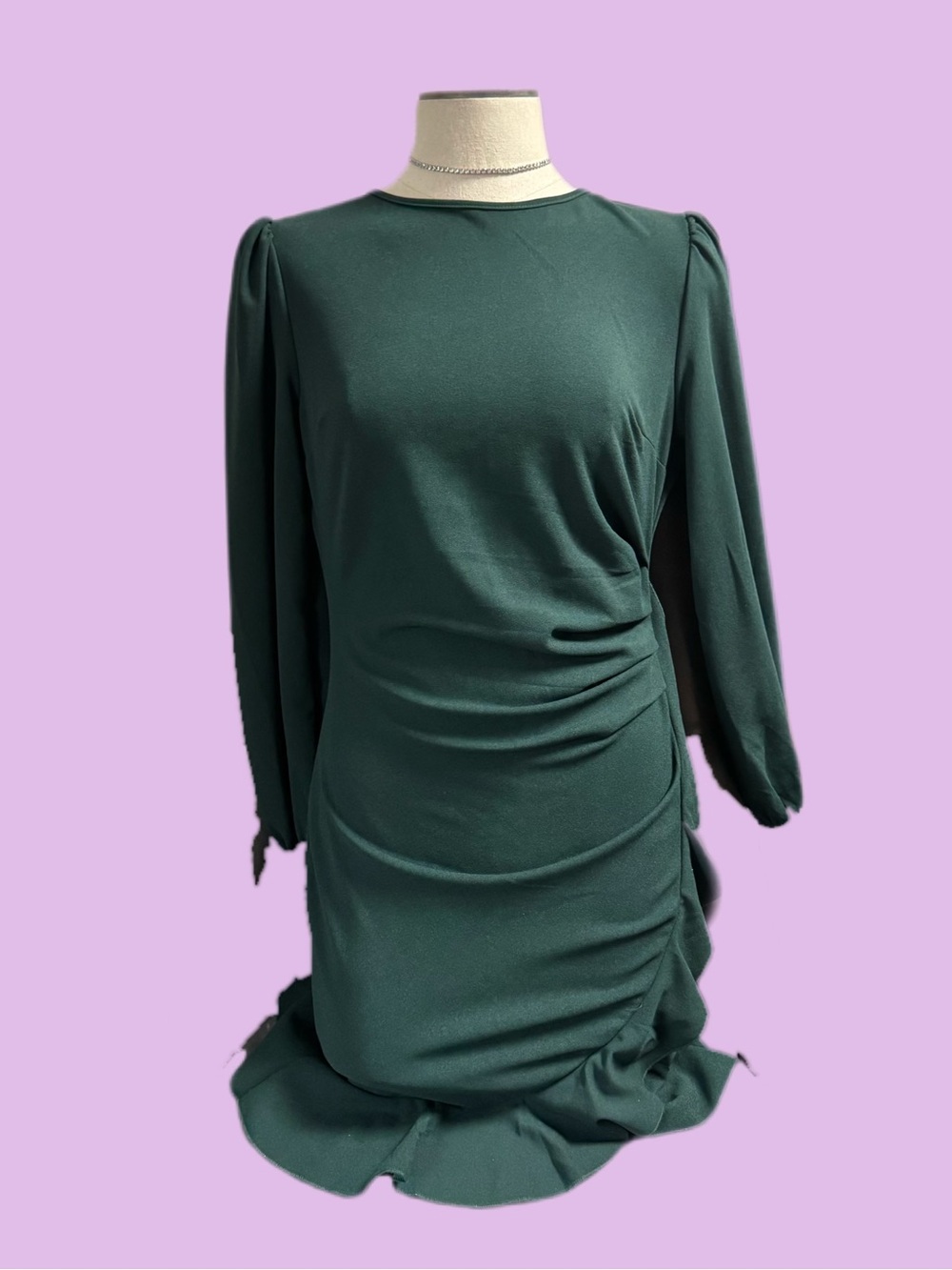 Long-Sleeve Forest Green Ruched Side Dress